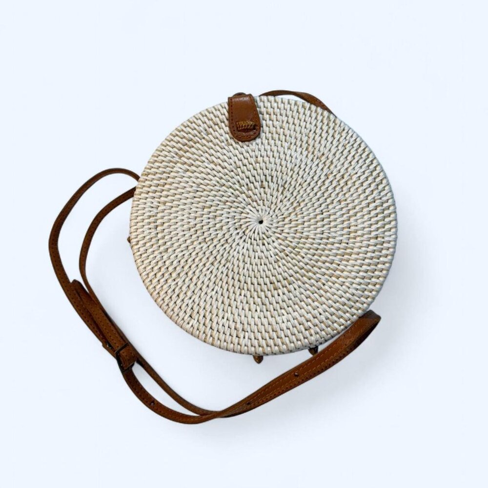 *SOLD* Poppy + Sage Handwoven Straw Rattan Crossbody Bag w/ Leather Accent Snap